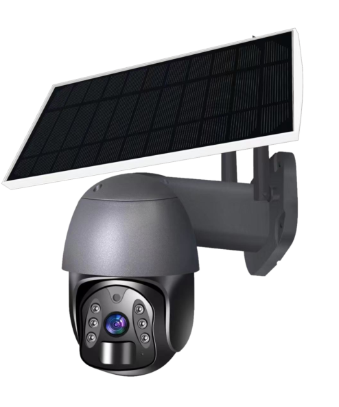 Batteri-/ Solcellsdriven PTZ-kamera utrustad med ett kraftigt batteri och solpaneler för att förse den med energi. Den har en roterbar pan/tilt-zoom-funktion som gör det möjligt att fjärrstyra och justera kameravinkeln. Kameran är idealisk för övervakning och bevakning av områden där det inte finns tillgång till elnätet.